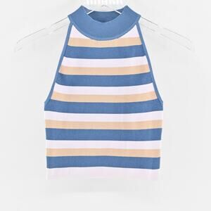ARITZIA Top Sz XS Babaton Sculpt Knit Halter Flax Beige Flagstone Blue‎ Stripe